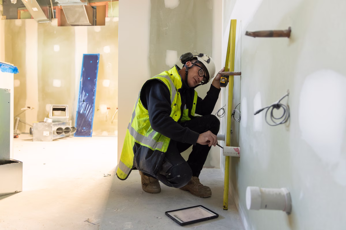 Foleys worker in safety helmet measuring wall ductwork with yellow tape measure.